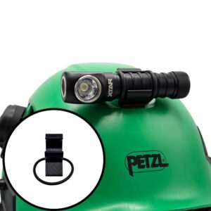 Headlamp Mount with Safety Lock for Petzl Helmets, compatible with 20 mm cylindrical flashlights. Ideal for industrial and construction use.