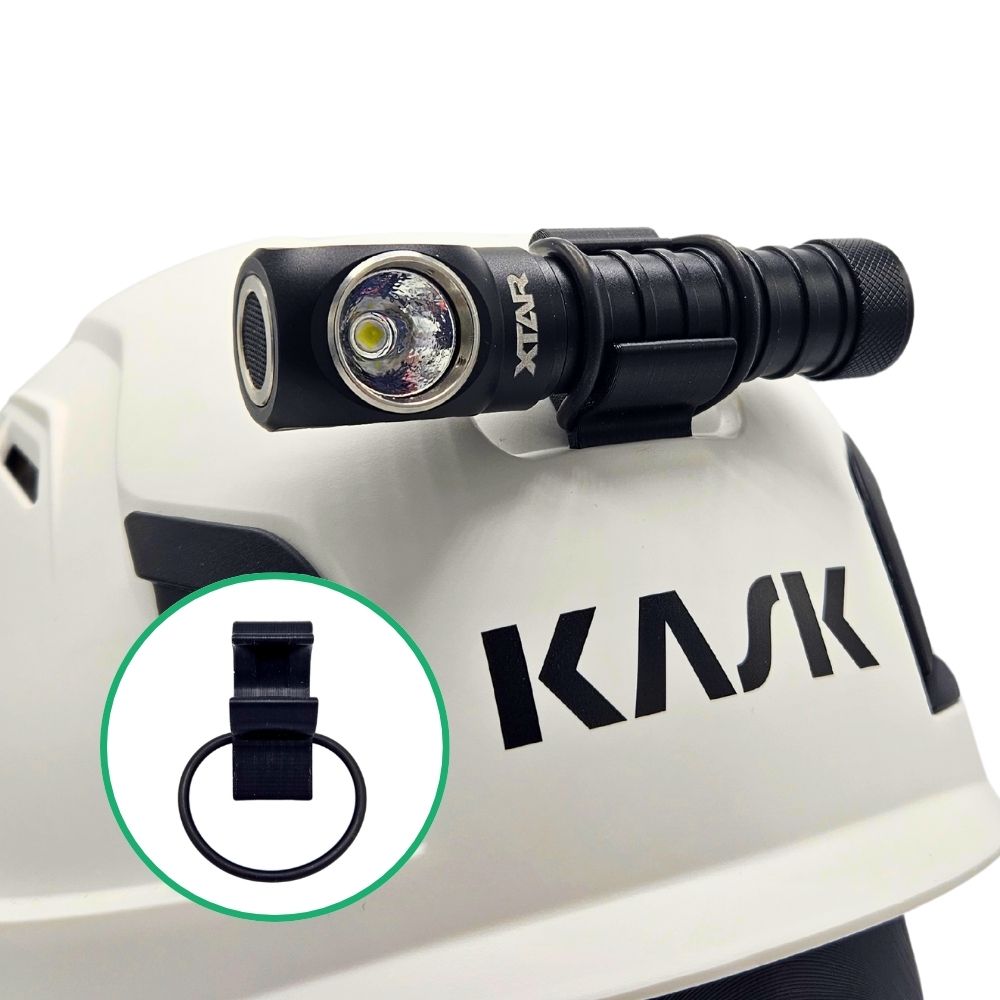 Headlamp Mount with Safety Lock for Kask Helmets, compatible with 20 mm cylindrical flashlights. Ideal for industrial and construction use.